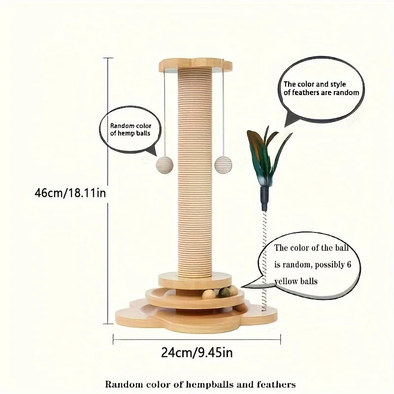 Solid Wood Cat Scratching Post with Teaser Toy