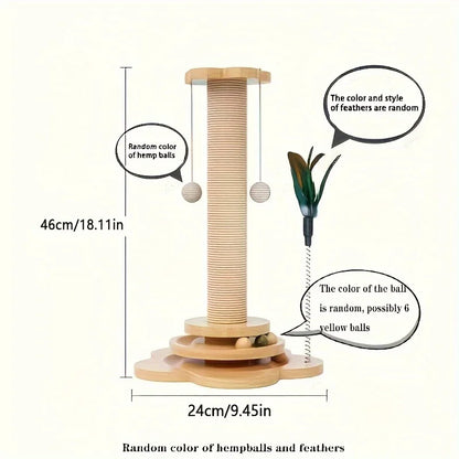 Solid Wood Cat Scratching Post with Teaser Toy