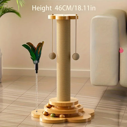 Solid Wood Cat Scratching Post with Teaser Toy
