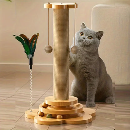 Solid Wood Cat Scratching Post with Teaser Toy