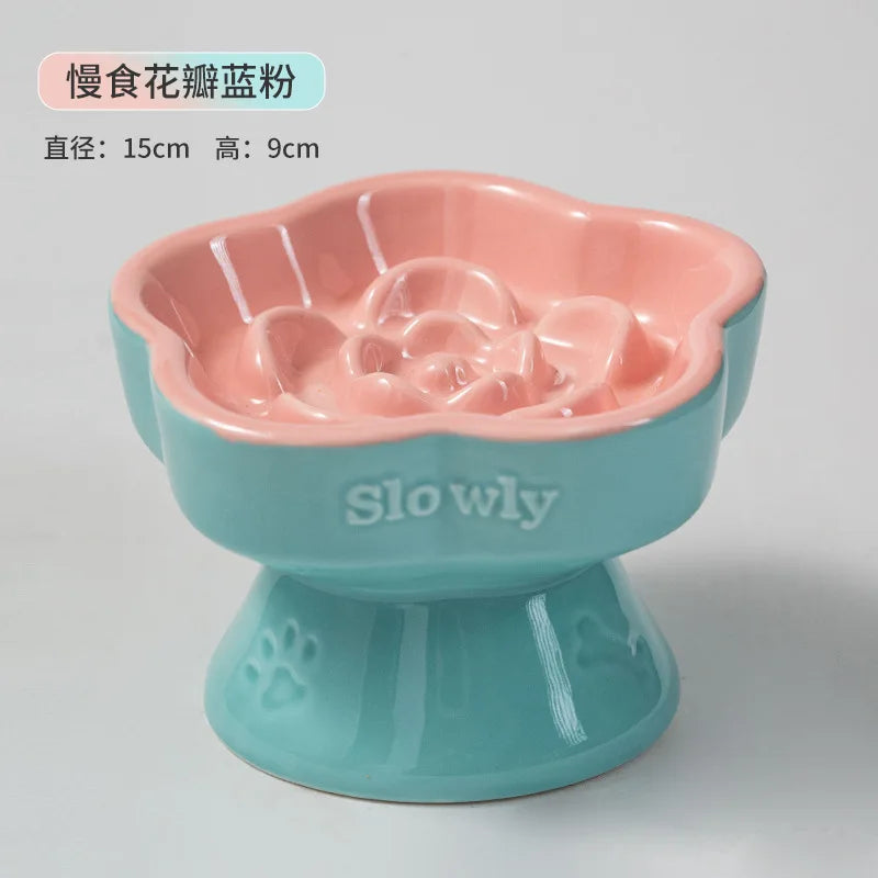 Elevated Ceramic Slow Feeder Bowl for Cats and Dogs