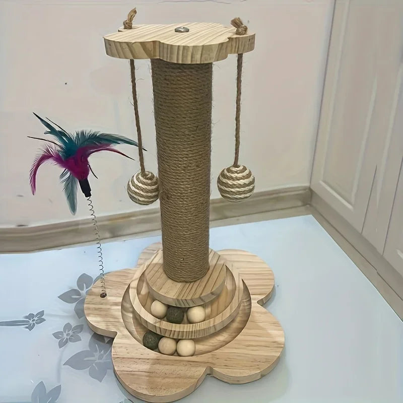 Solid Wood Cat Scratching Post with Teaser Toy